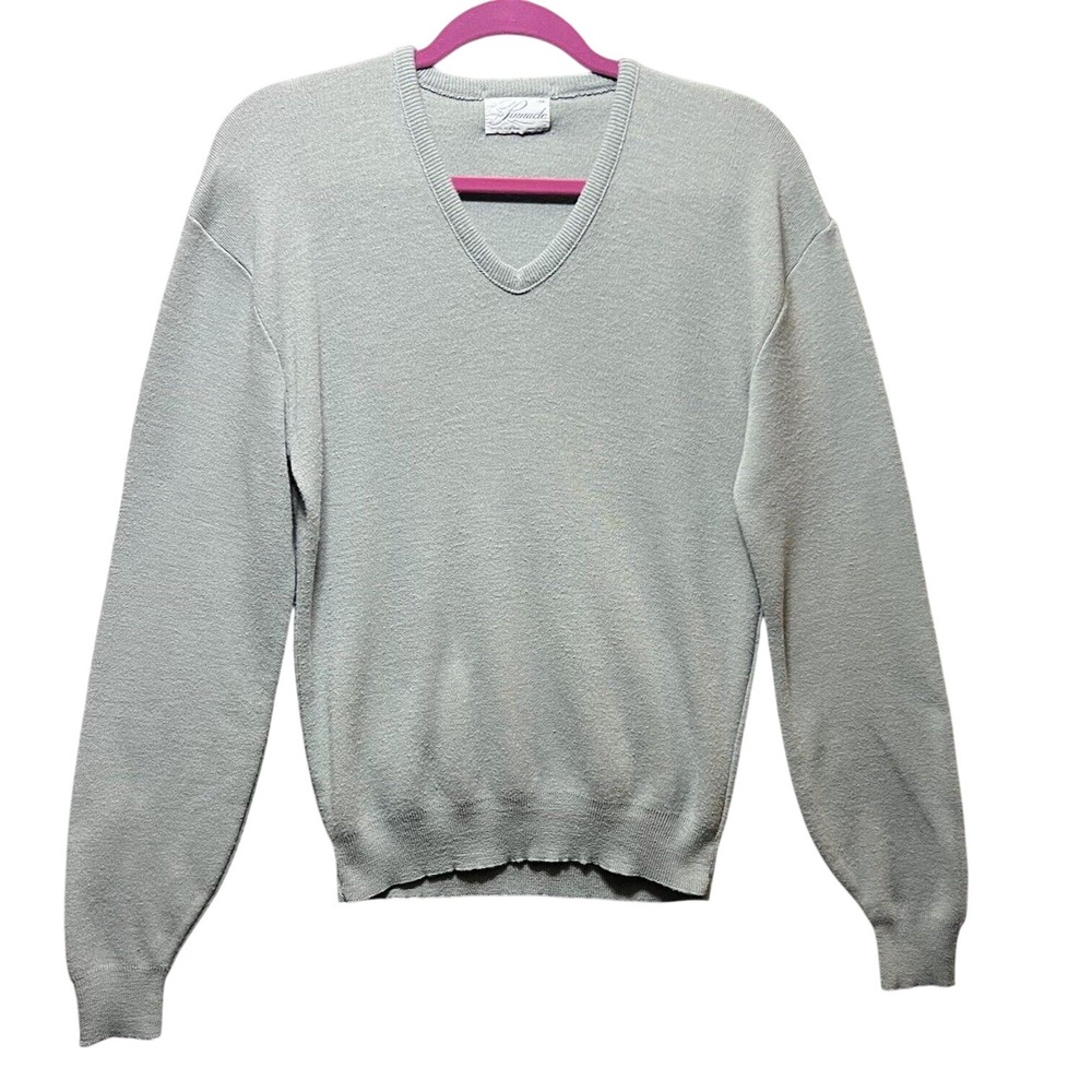 Pinnacle Mens V Neck Sweater Made in USA‎ M Light Gray Long Sleeve Pullover